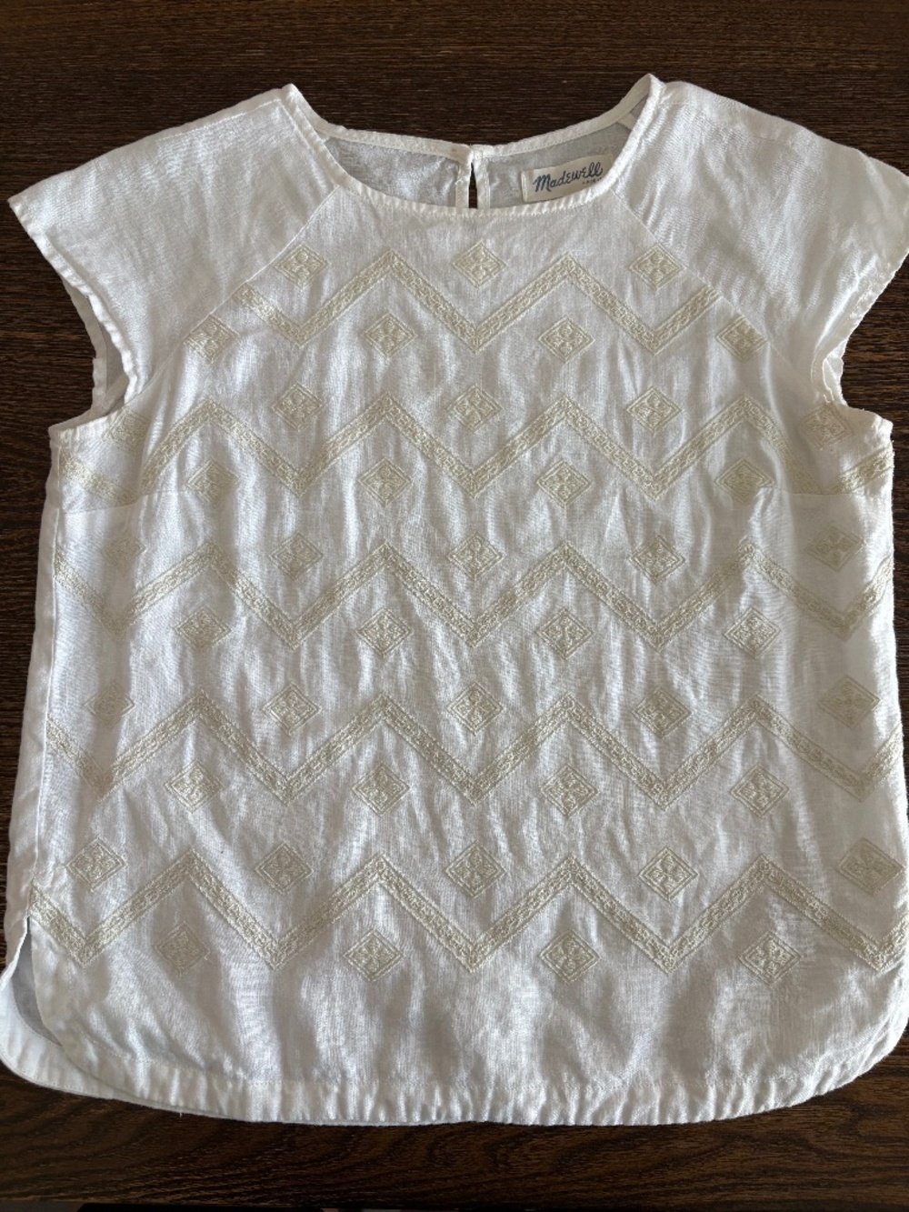 Madewell White Linen Top with Chevron Embroidery and Cap Sleeve Size Small